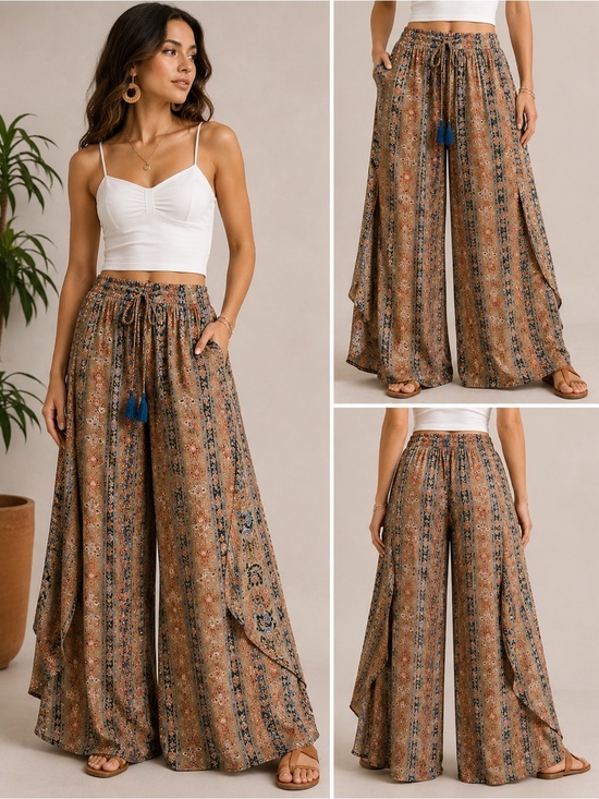 Paani Pants - Paani Boho Paisley Metallic Wide Leg Palazzo Pants Tassel Tie Waist Size S
